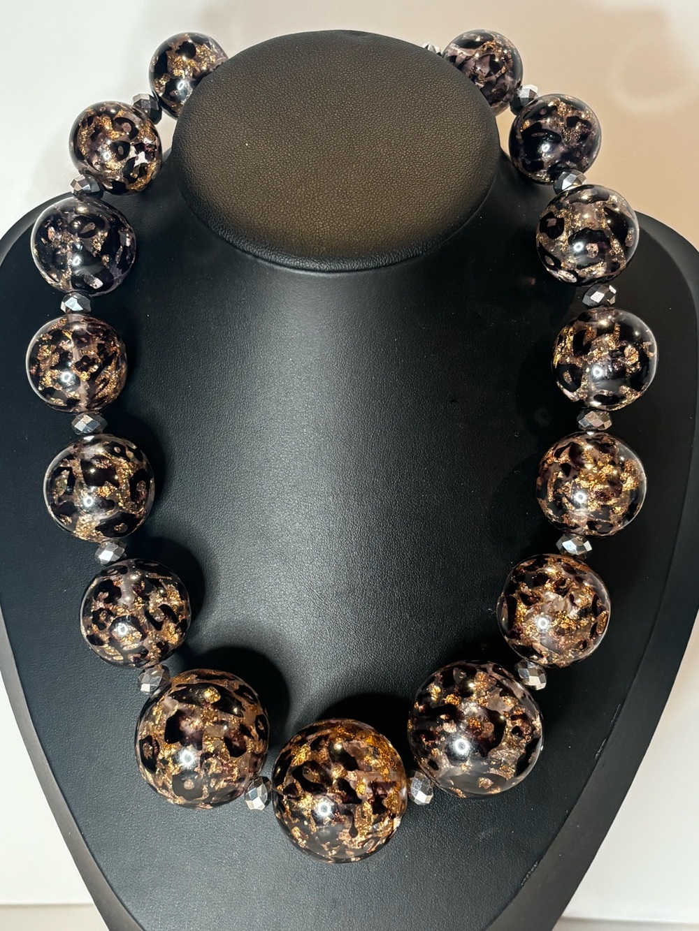 21” Large Foil‎ Acrylic Bead Necklace Black Gold Gunmetal Statement Vintage